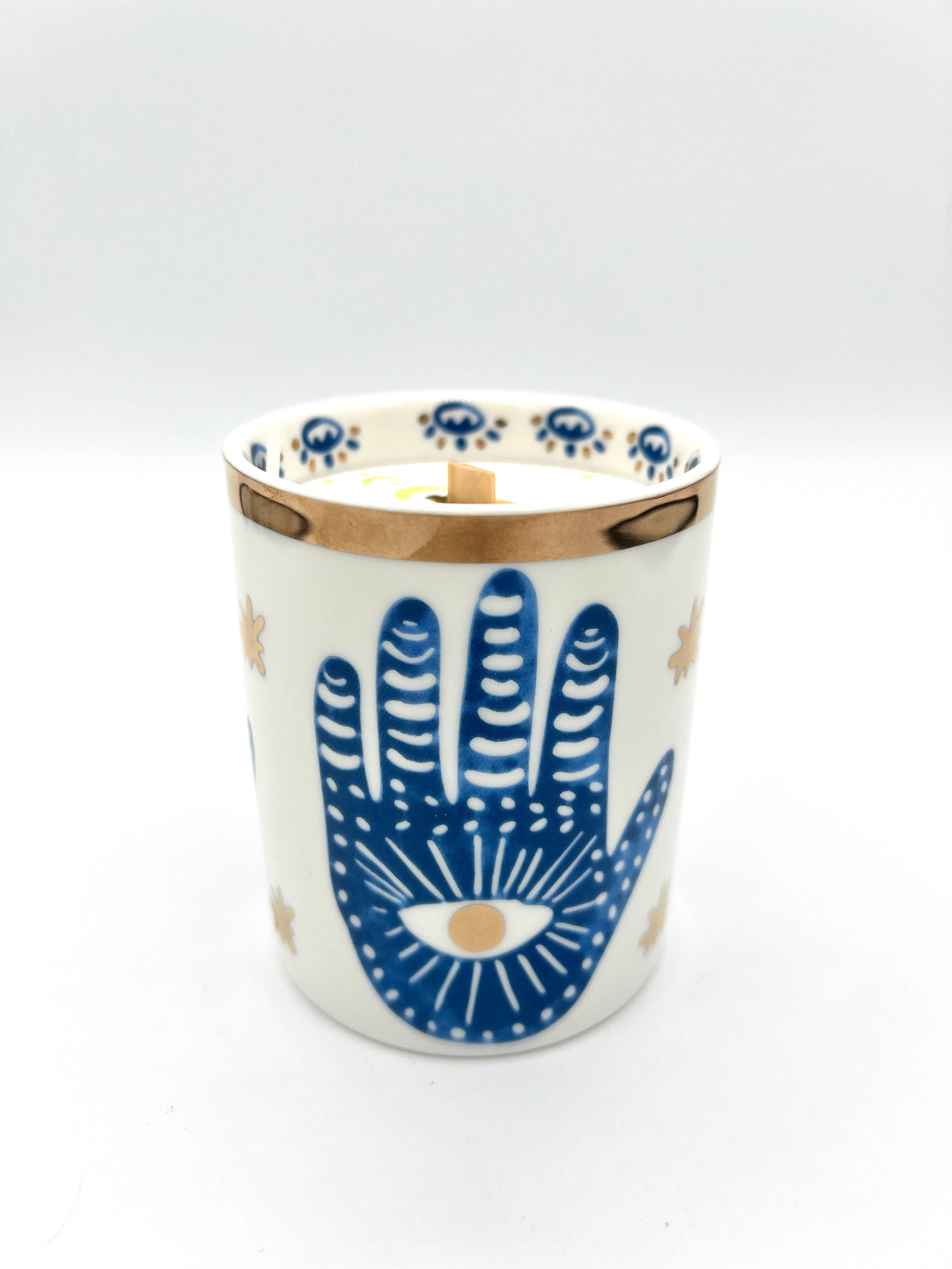 The Sacred Wild Candle Co Beautiful Gold & Blue White Ceramic Hamsa Candle