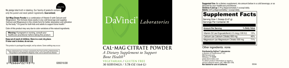 Davinci Laboratories Cal-Mag Citrate Powder5.78 oz