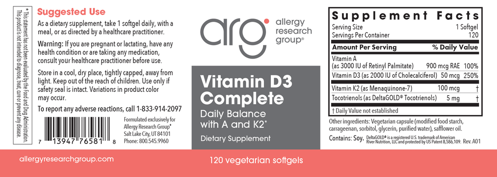 Allergy Research Group Vitamin D3 Complete 120 veg caps