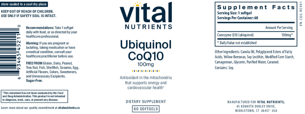 Vital Nutrients Ubiquinol CoQ10 100mg 60 Sg