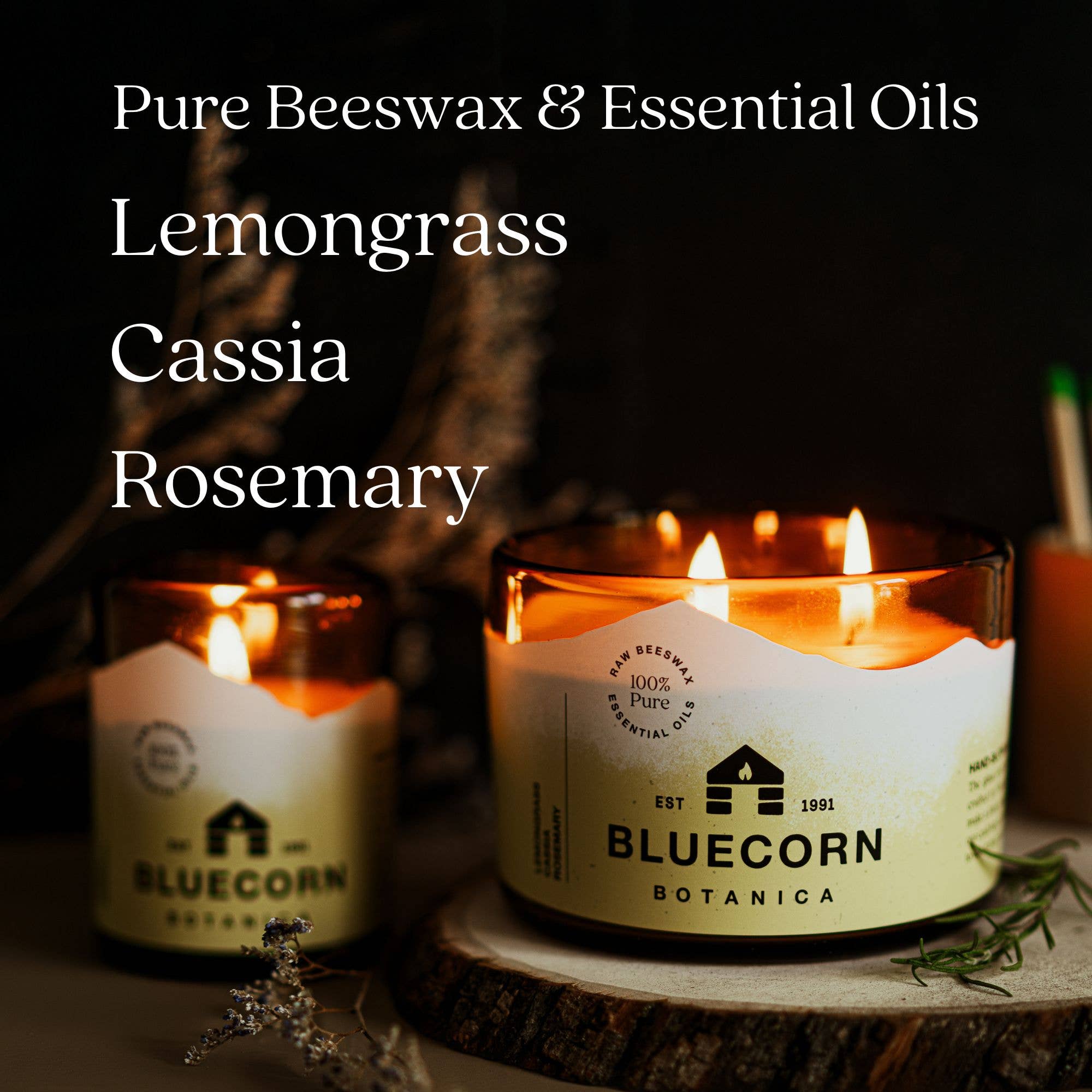 Bluecorn Scented Beeswax Candles - Pure Essential Oils - Blown Glass