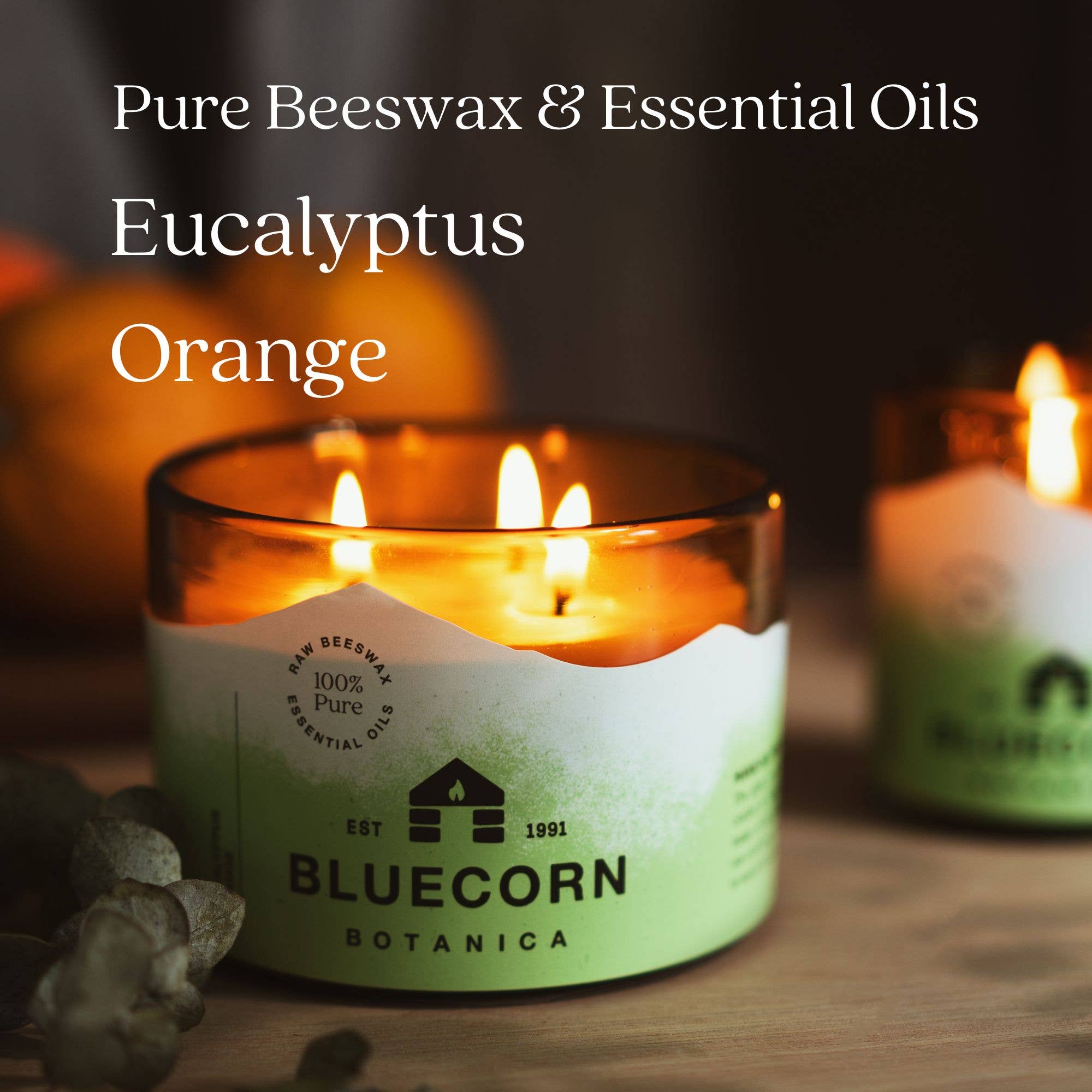 Bluecorn Scented Beeswax Candles - Pure Essential Oils - Blown Glass
