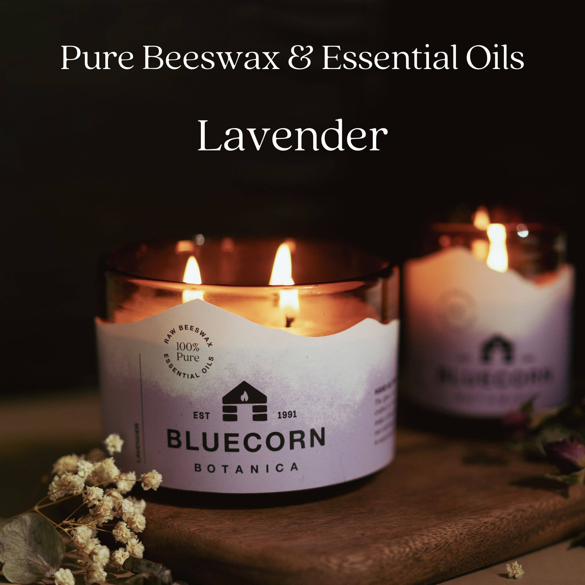 Bluecorn Scented Beeswax Candles - Pure Essential Oils - Blown Glass