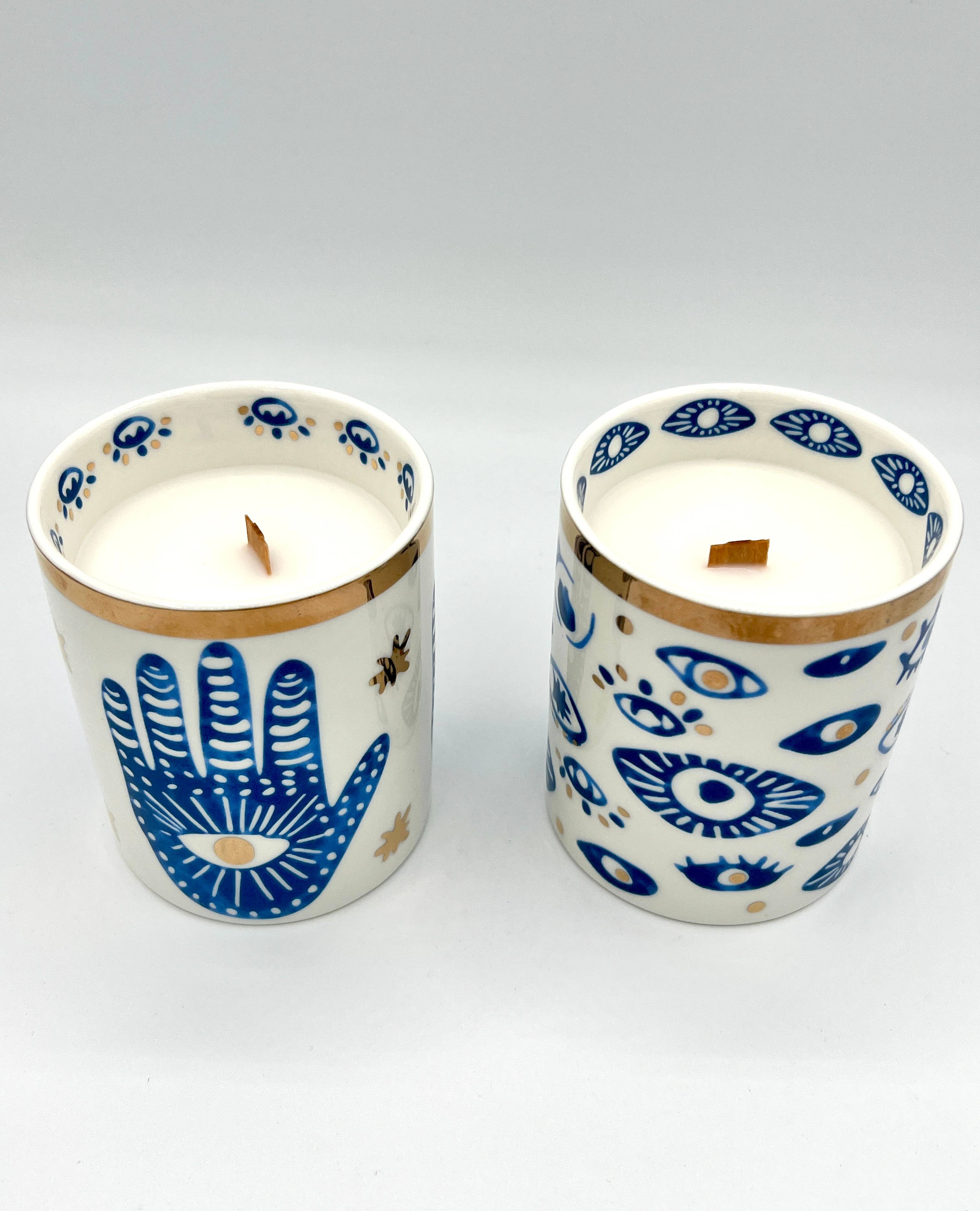 The Sacred Wild Candle Co Beautiful Gold & Blue White Ceramic Hamsa Candle