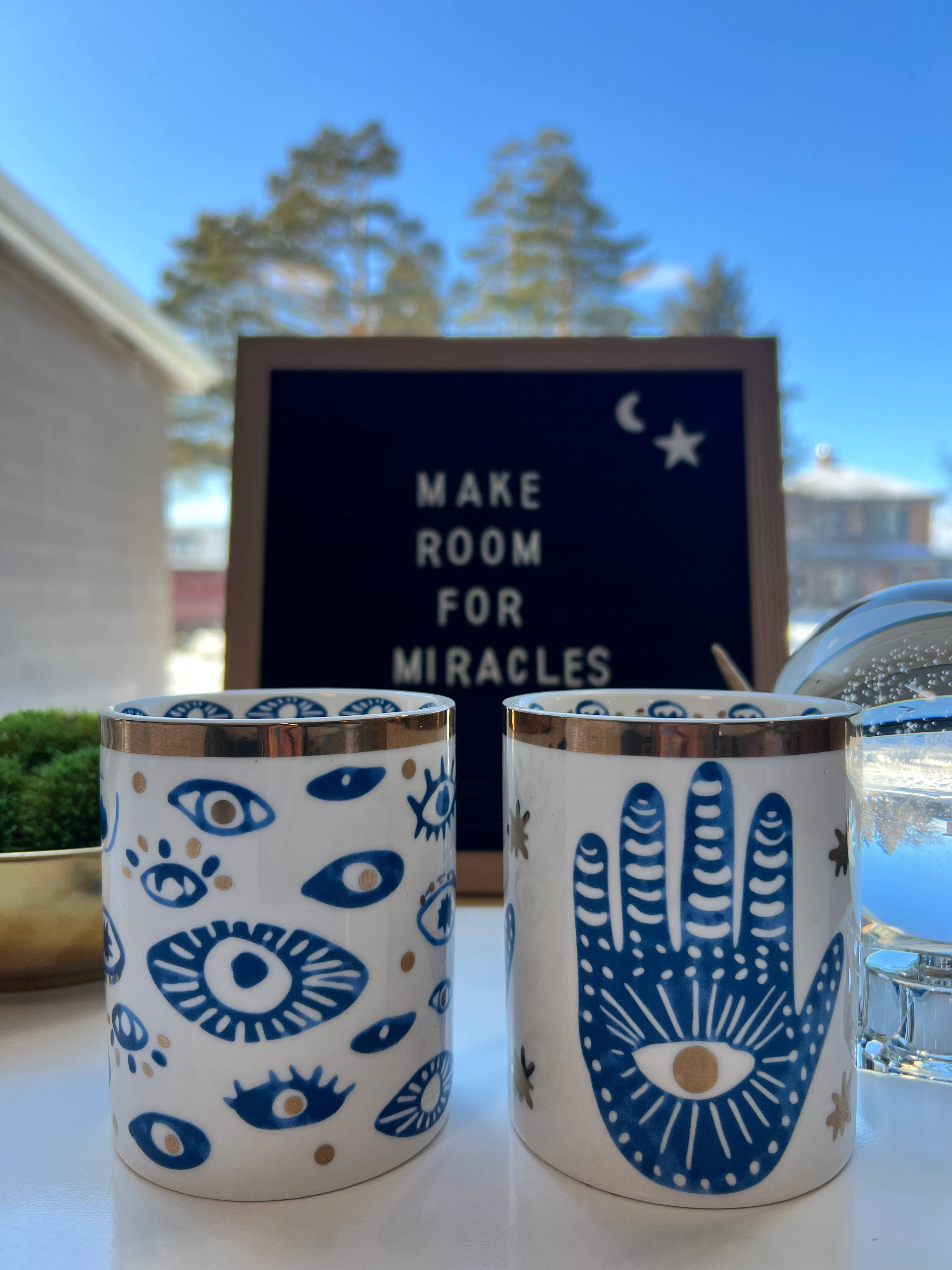 The Sacred Wild Candle Company Beautiful Gold, Blue & White Ceramic "Evil Eye" Candle