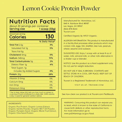 Truvani Lemon Cookie Organic Plant Based Protein 20 servings