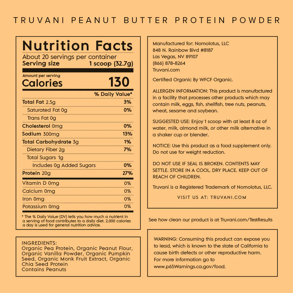 Truvani Peanut Butter Organic Plant Based Protein Powder