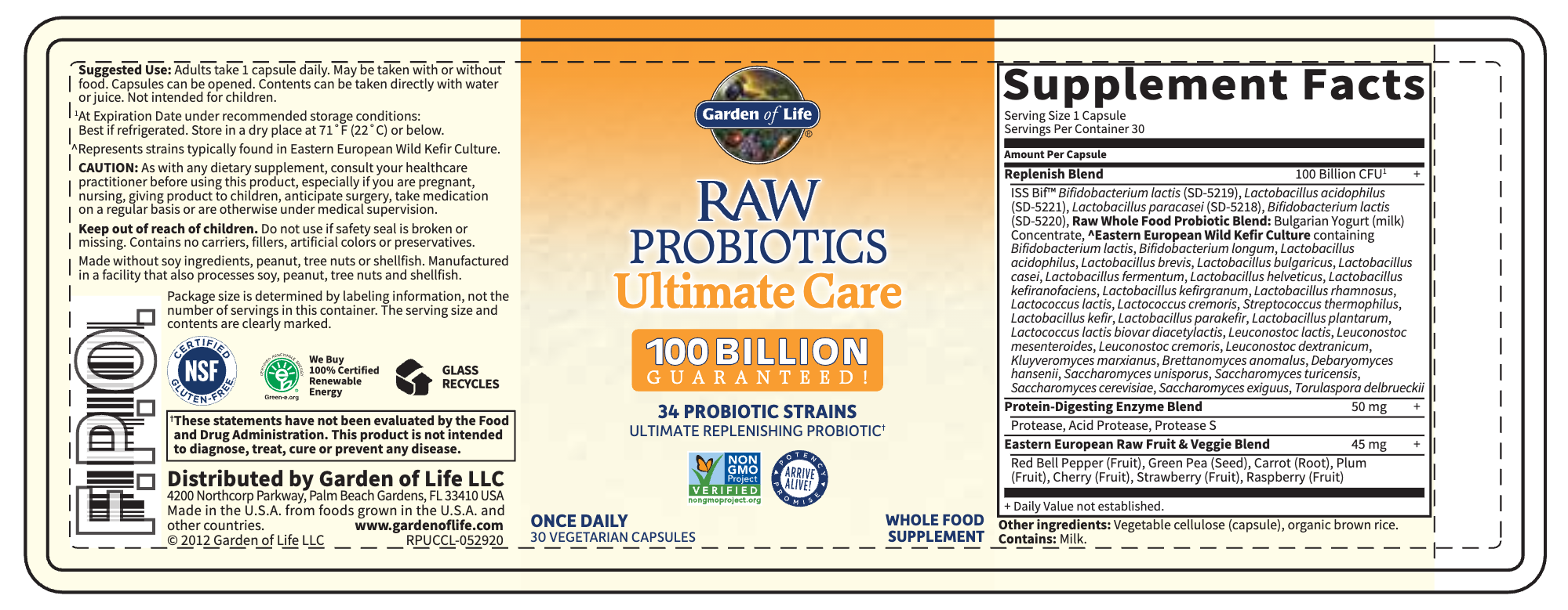 Garden of Life Raw Probiotics Ultimate Care 100 Billion 30 veg caps