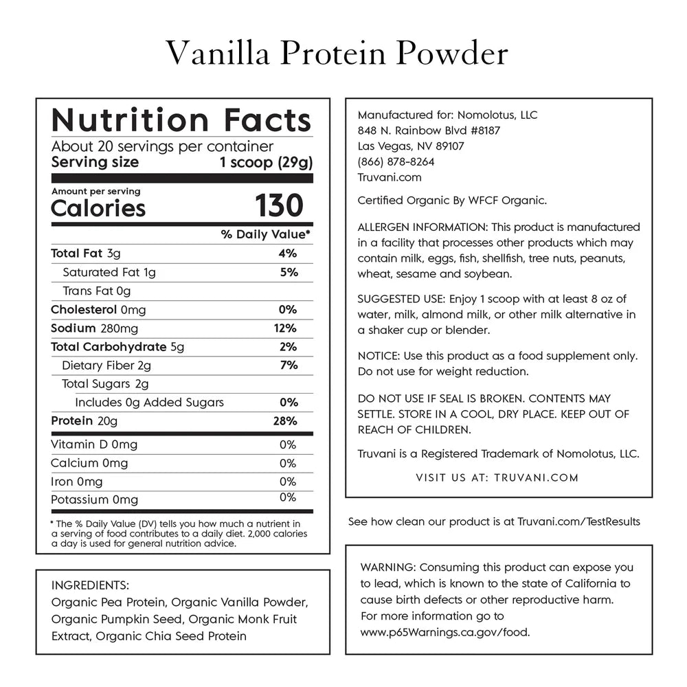 Truvani Vanilla Organic Plant Based Protein Powder