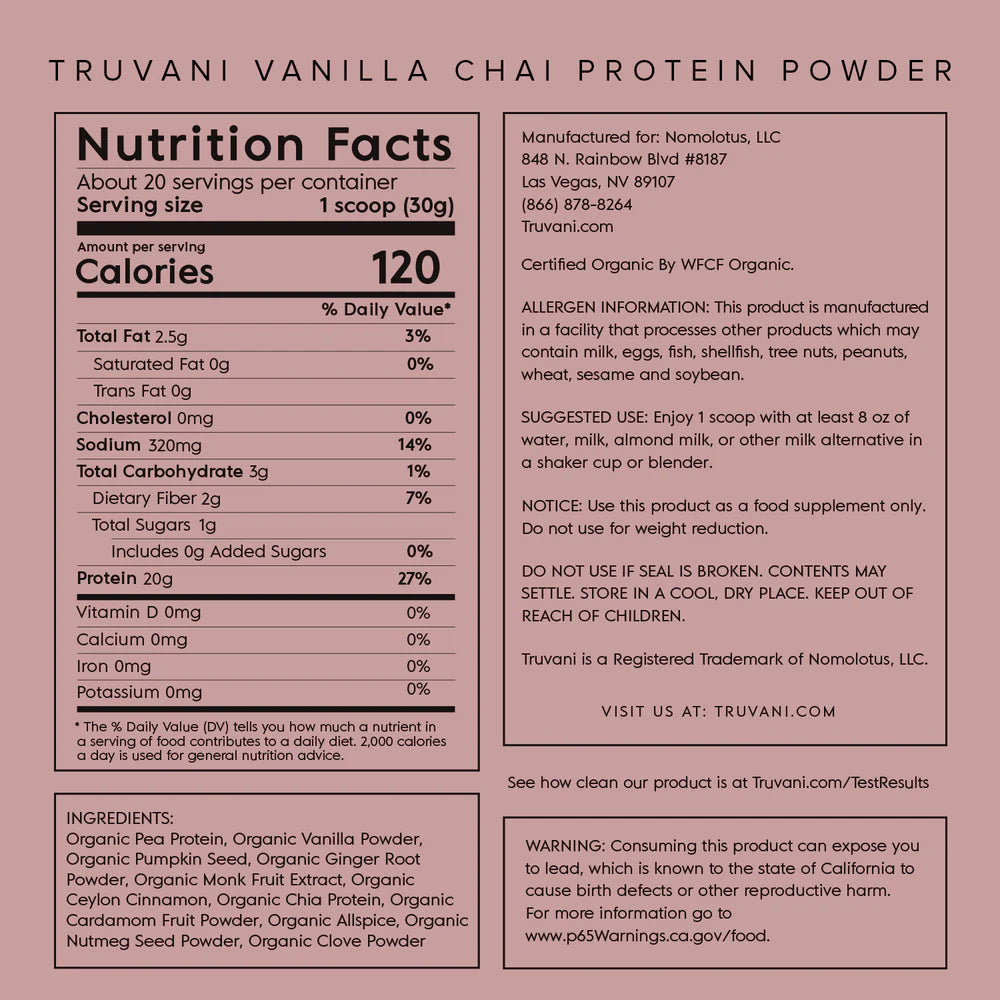 Truvani Vanilla Chai Organic Plant Based Protein