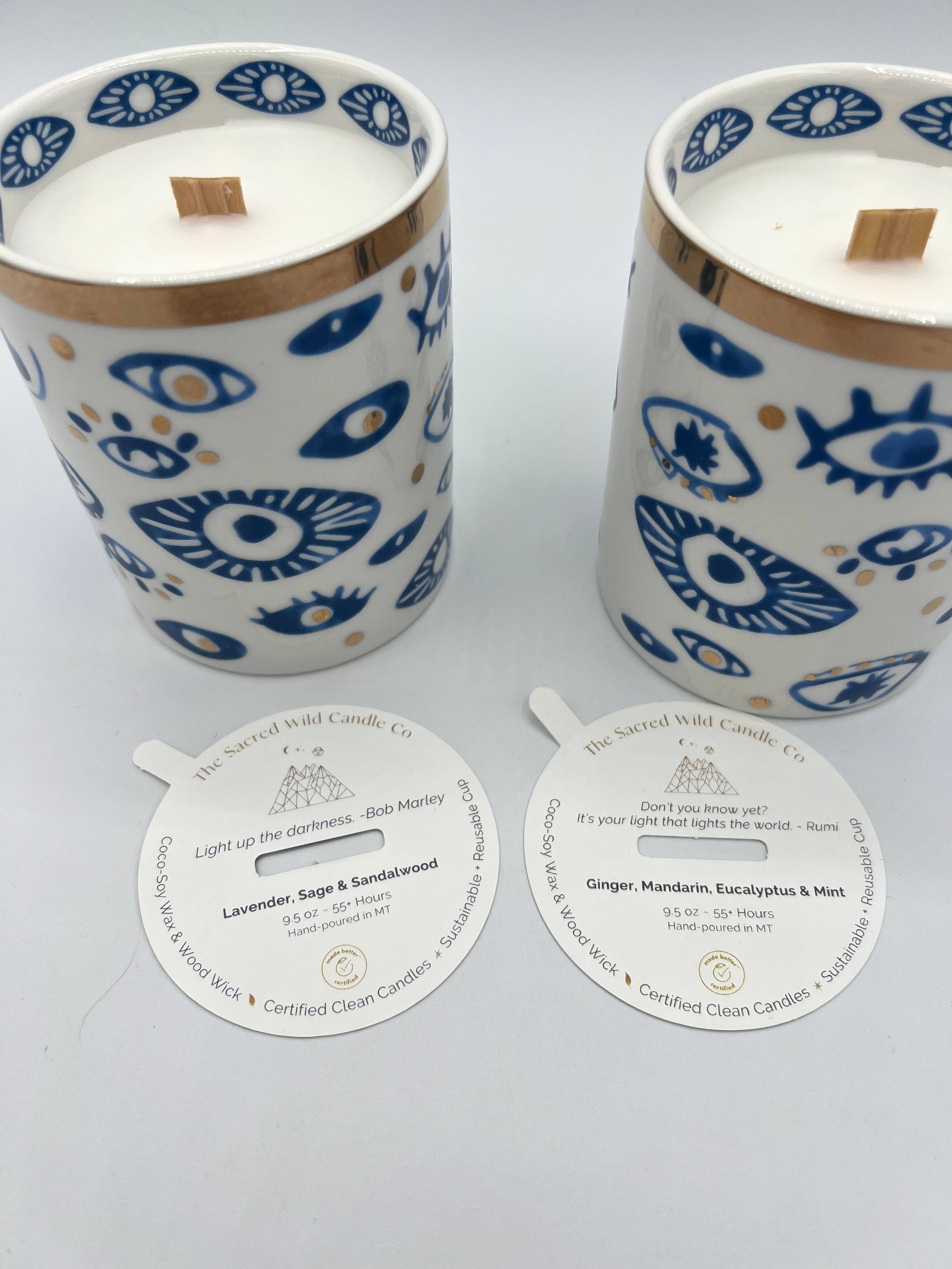 The Sacred Wild Candle Company Beautiful Gold, Blue & White Ceramic "Evil Eye" Candle
