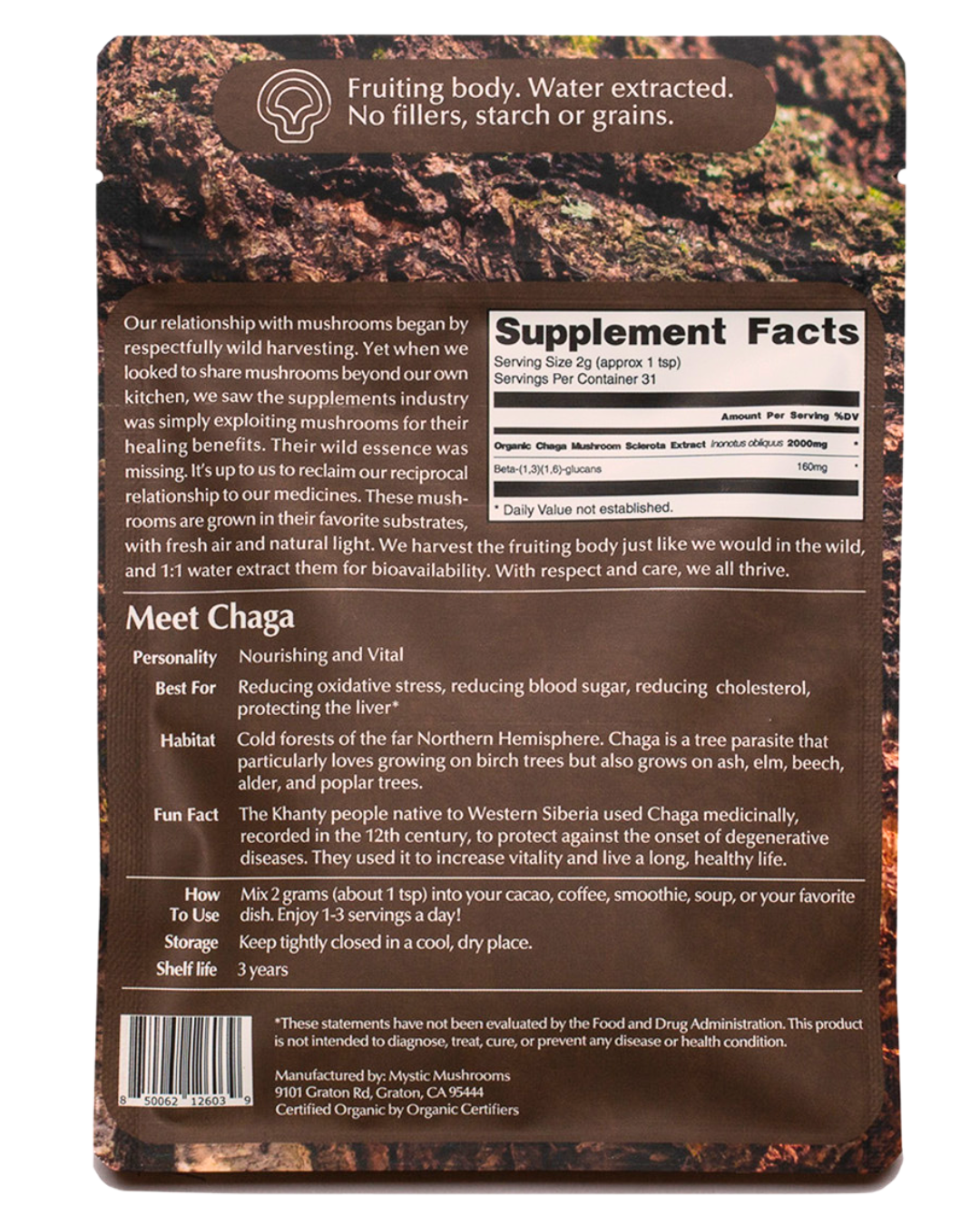 Chaga - Fruiting Body - 1:1 Water Extracted - Organic