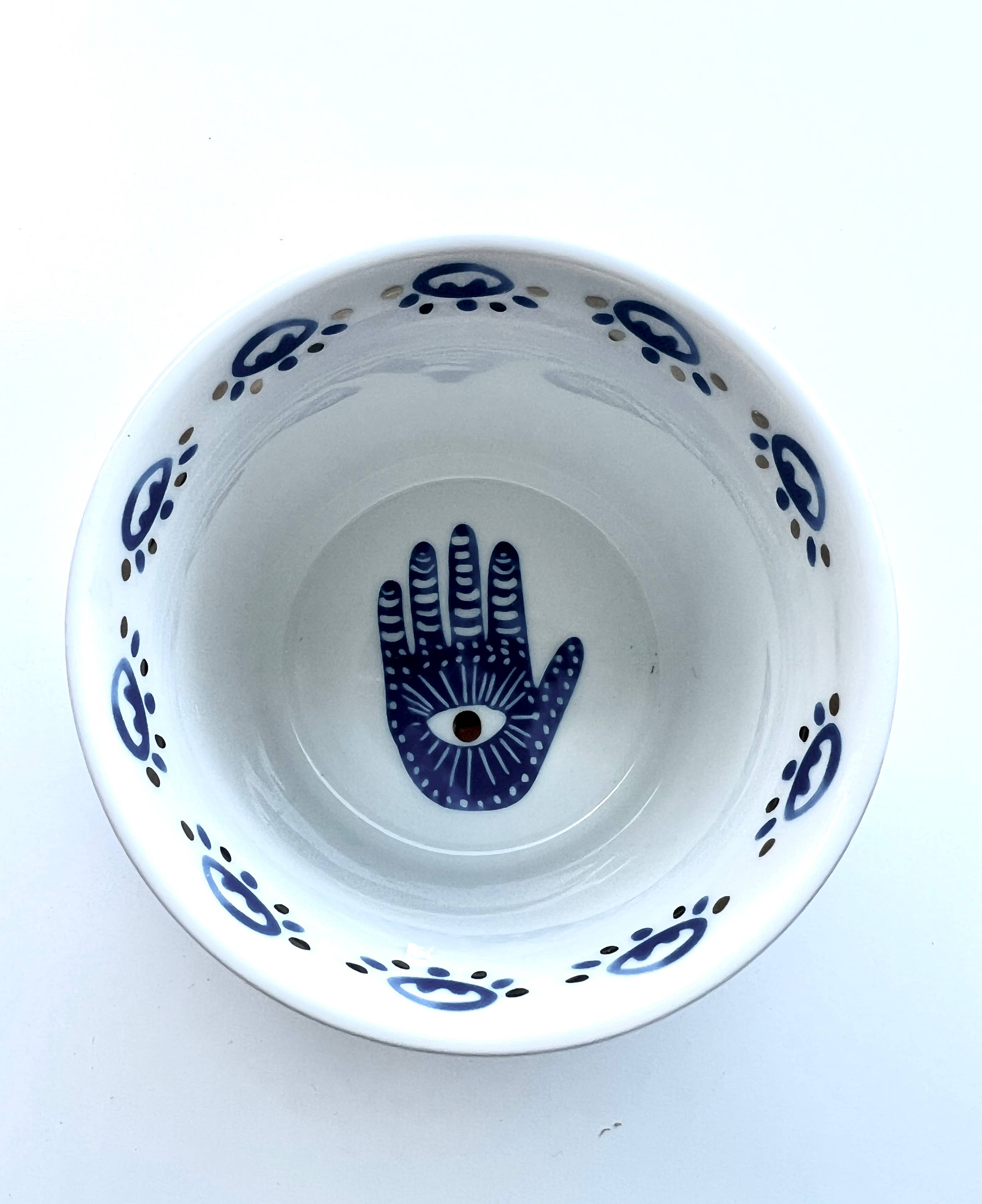 The Sacred Wild Candle Co Beautiful Gold & Blue White Ceramic Hamsa Candle