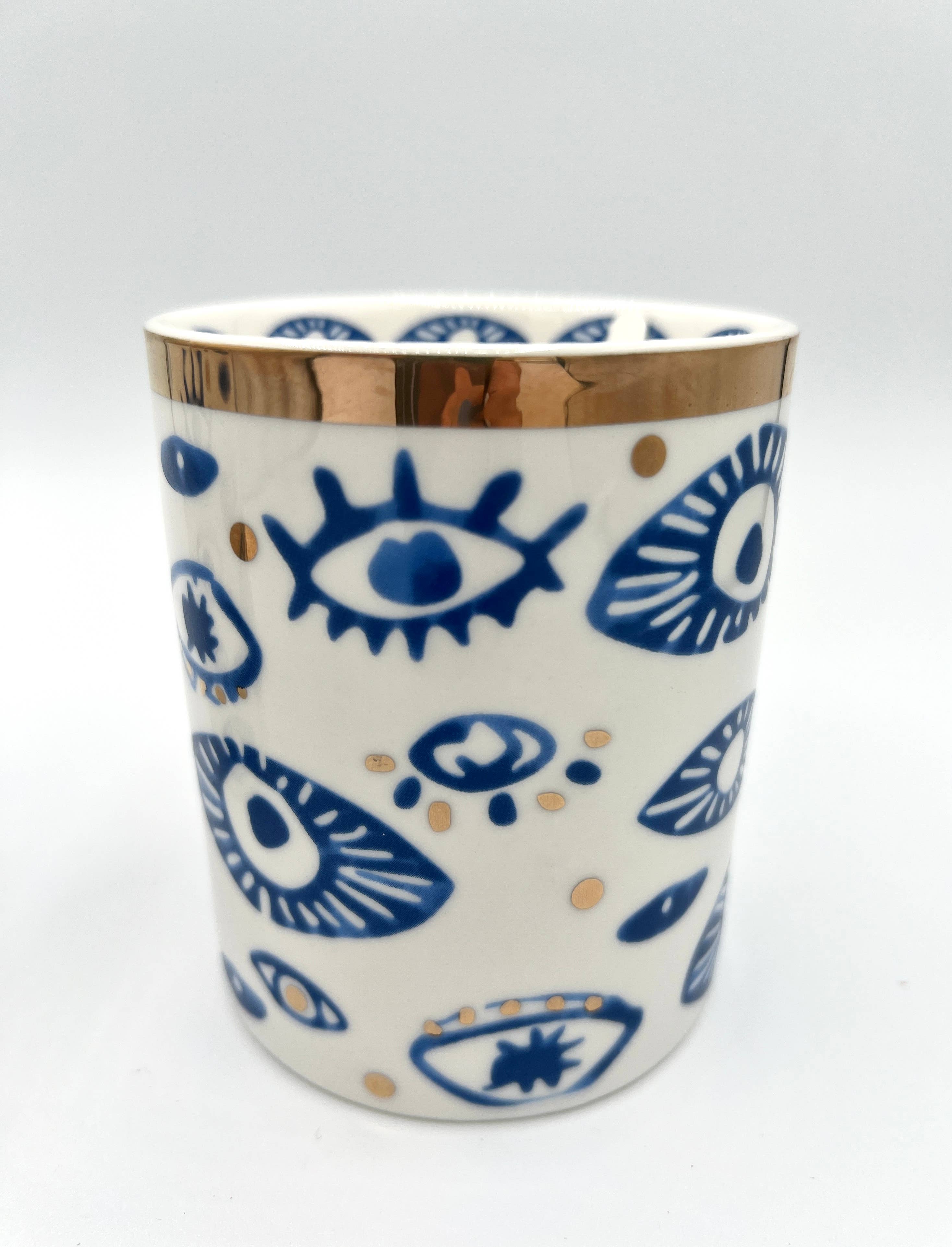 The Sacred Wild Candle Company Beautiful Gold, Blue & White Ceramic "Evil Eye" Candle