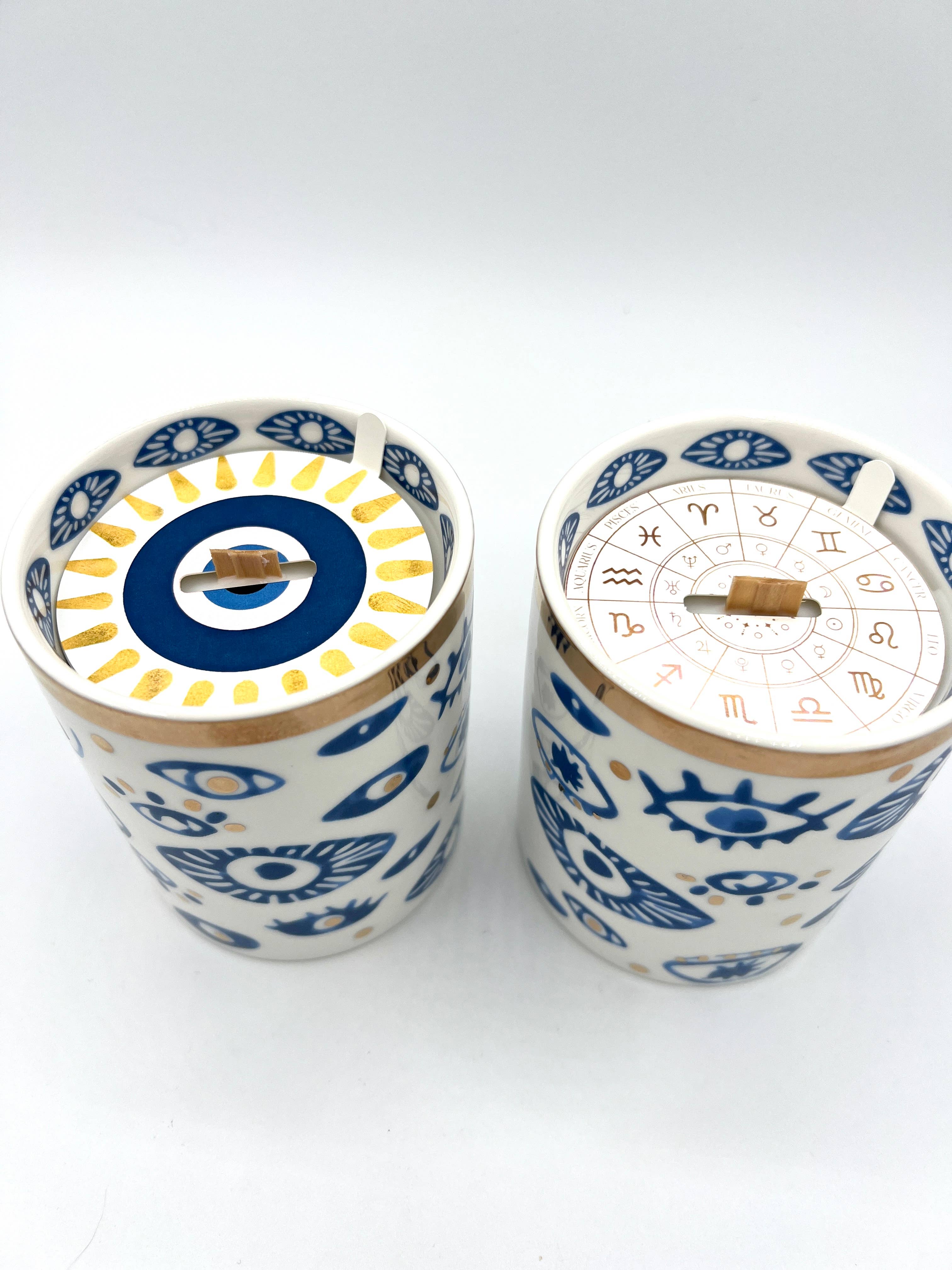 The Sacred Wild Candle Company Beautiful Gold, Blue & White Ceramic "Evil Eye" Candle