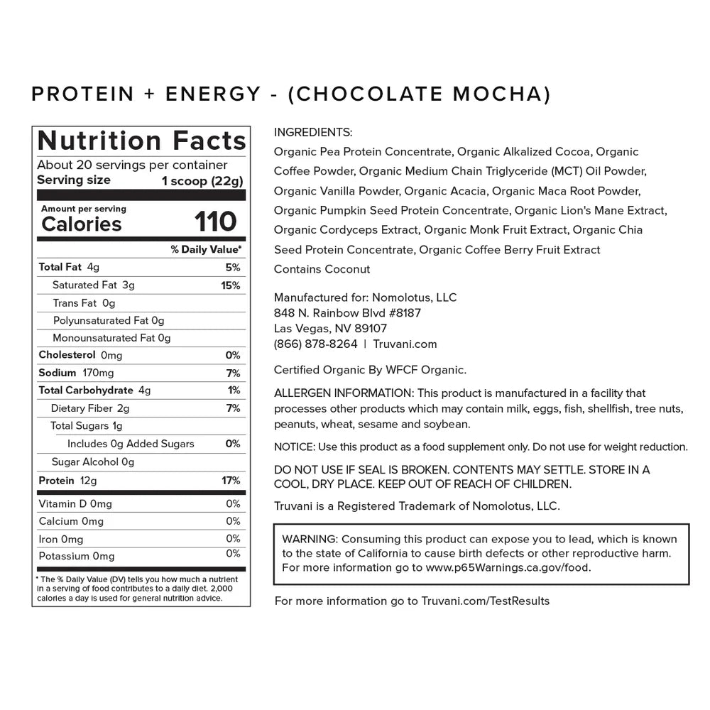 Truvani Protein and Energy Chocolate Mocha 20 servings