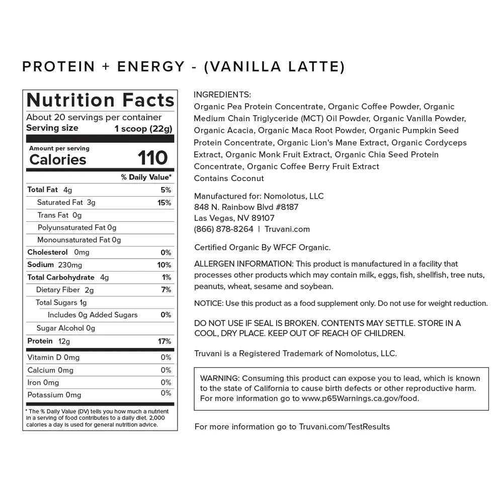 Truvani Protein+Energy Vanilla Latte 20 servings