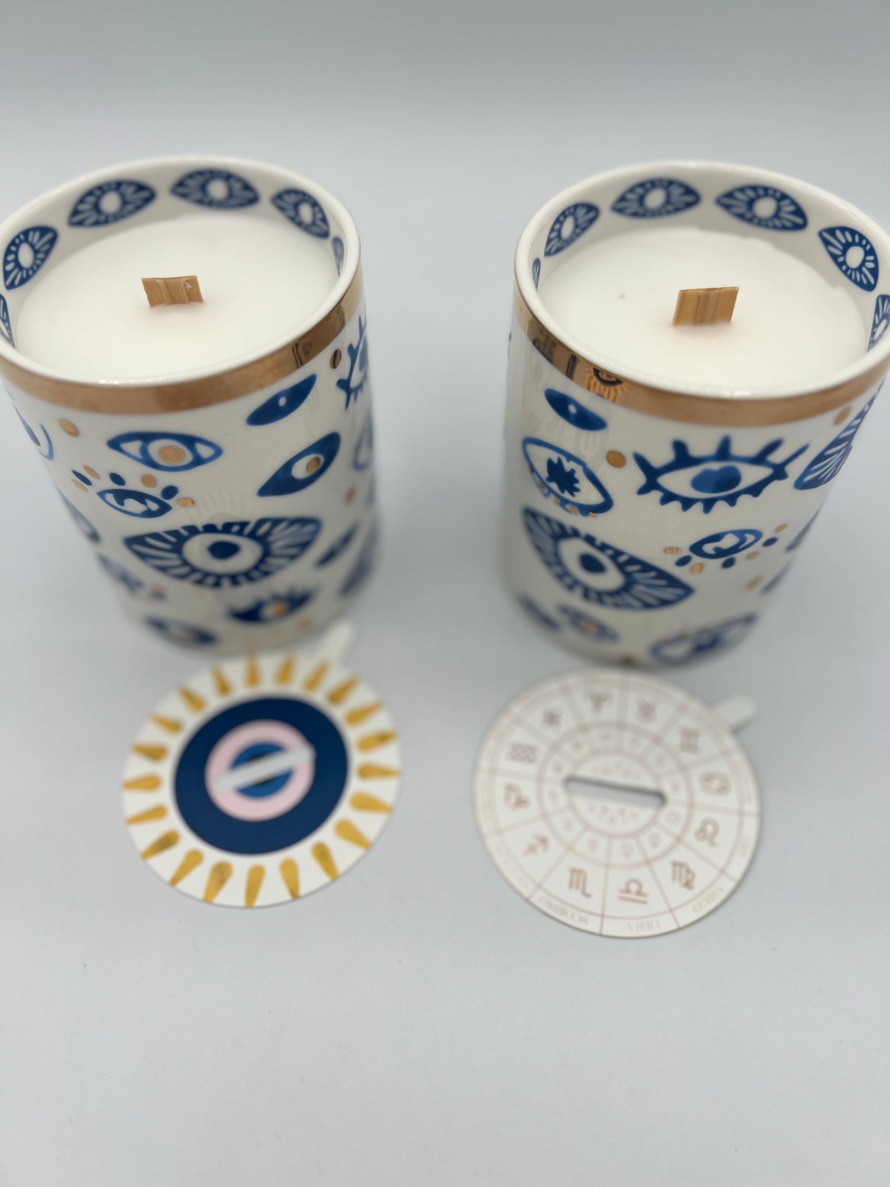 The Sacred Wild Candle Company Beautiful Gold, Blue & White Ceramic "Evil Eye" Candle