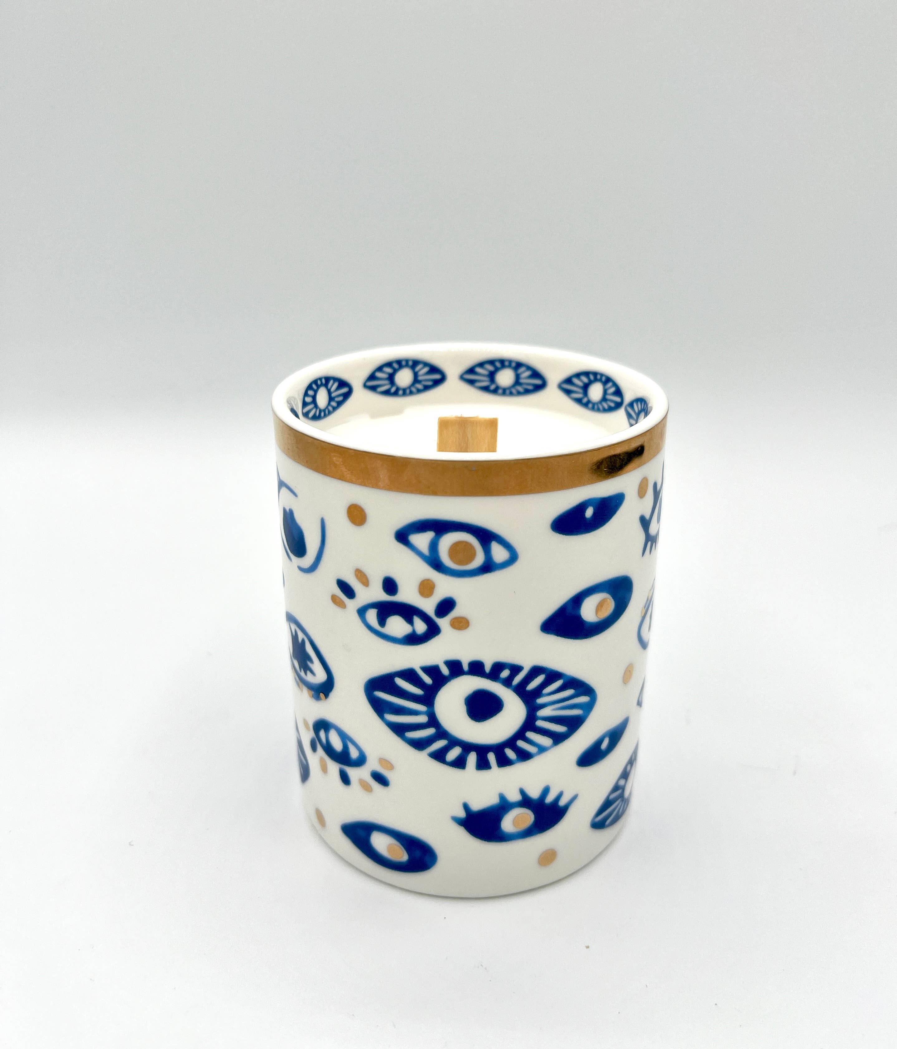 The Sacred Wild Candle Company Beautiful Gold, Blue & White Ceramic "Evil Eye" Candle