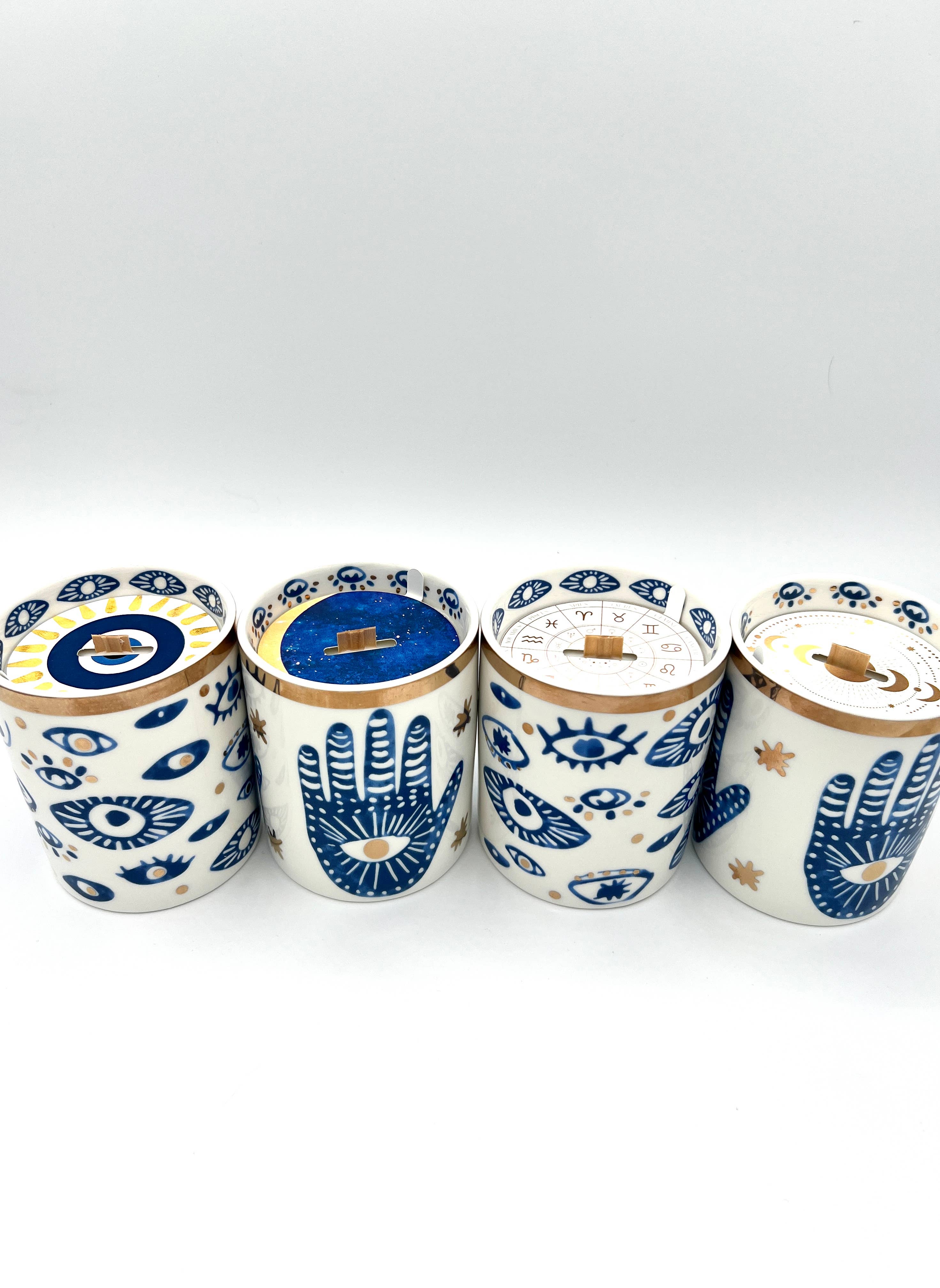 The Sacred Wild Candle Company Beautiful Gold, Blue & White Ceramic "Evil Eye" Candle