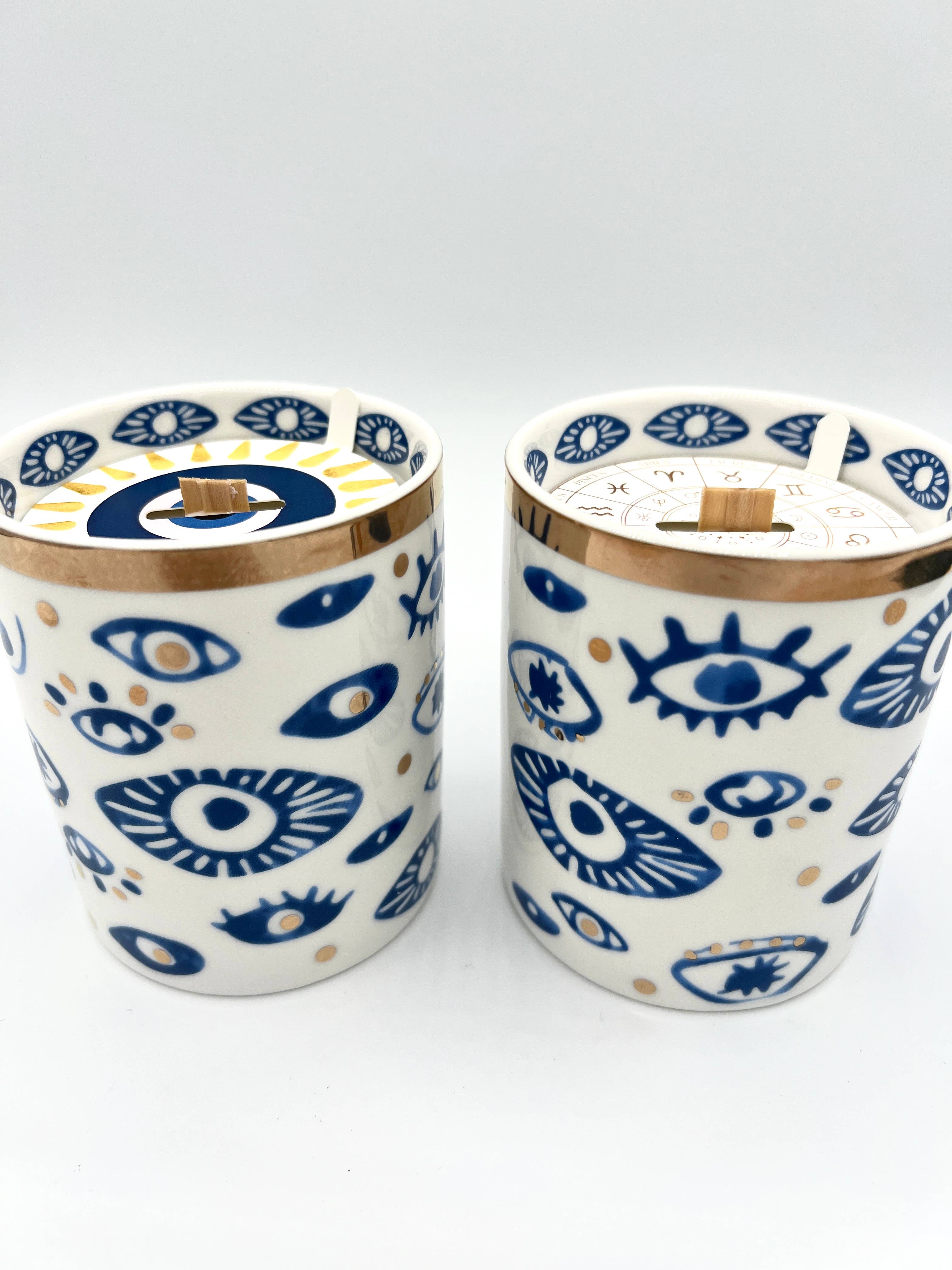 The Sacred Wild Candle Company Beautiful Gold, Blue & White Ceramic "Evil Eye" Candle
