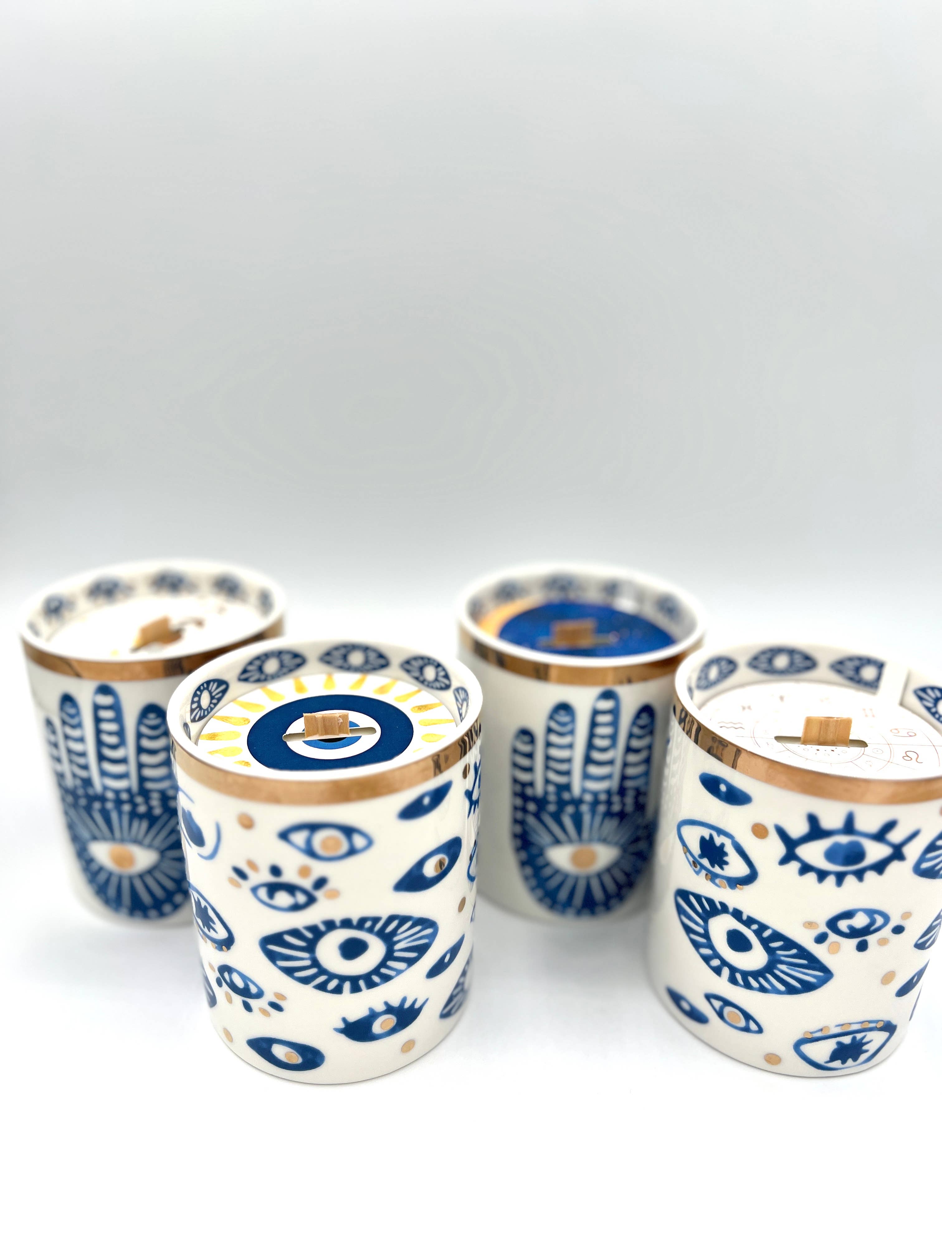 The Sacred Wild Candle Company Beautiful Gold, Blue & White Ceramic "Evil Eye" Candle