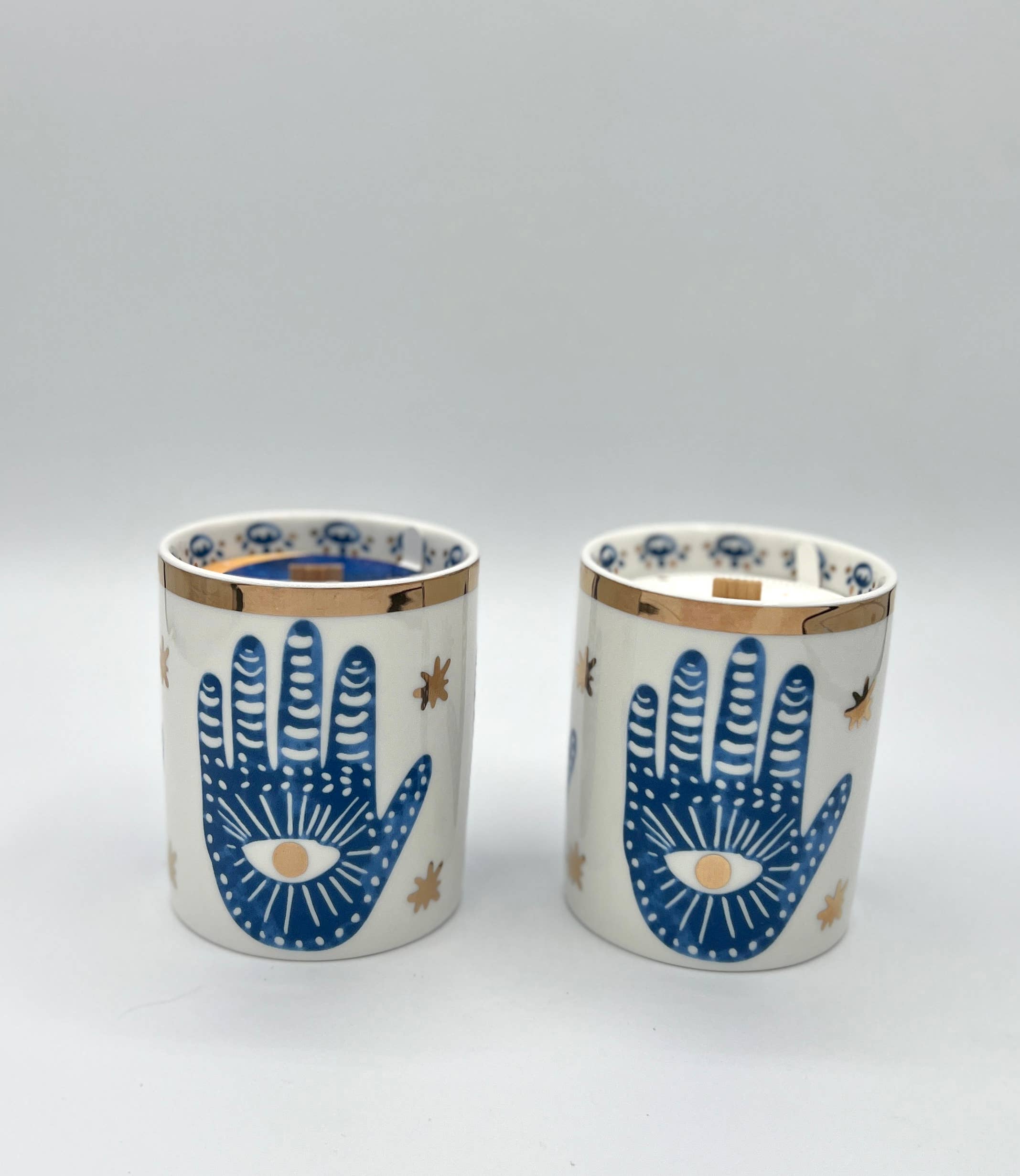 The Sacred Wild Candle Co Beautiful Gold & Blue White Ceramic Hamsa Candle