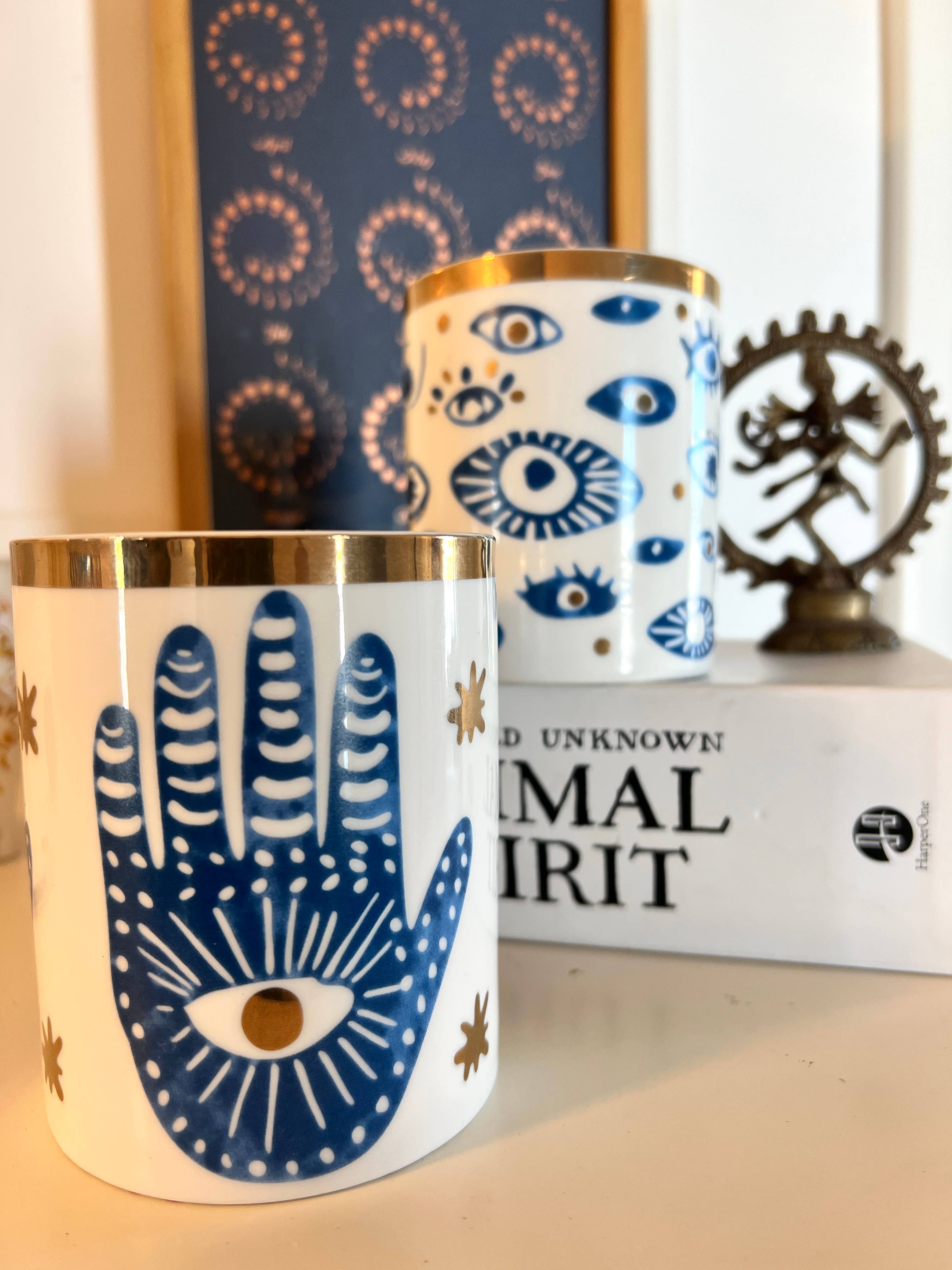 The Sacred Wild Candle Company Beautiful Gold, Blue & White Ceramic "Evil Eye" Candle